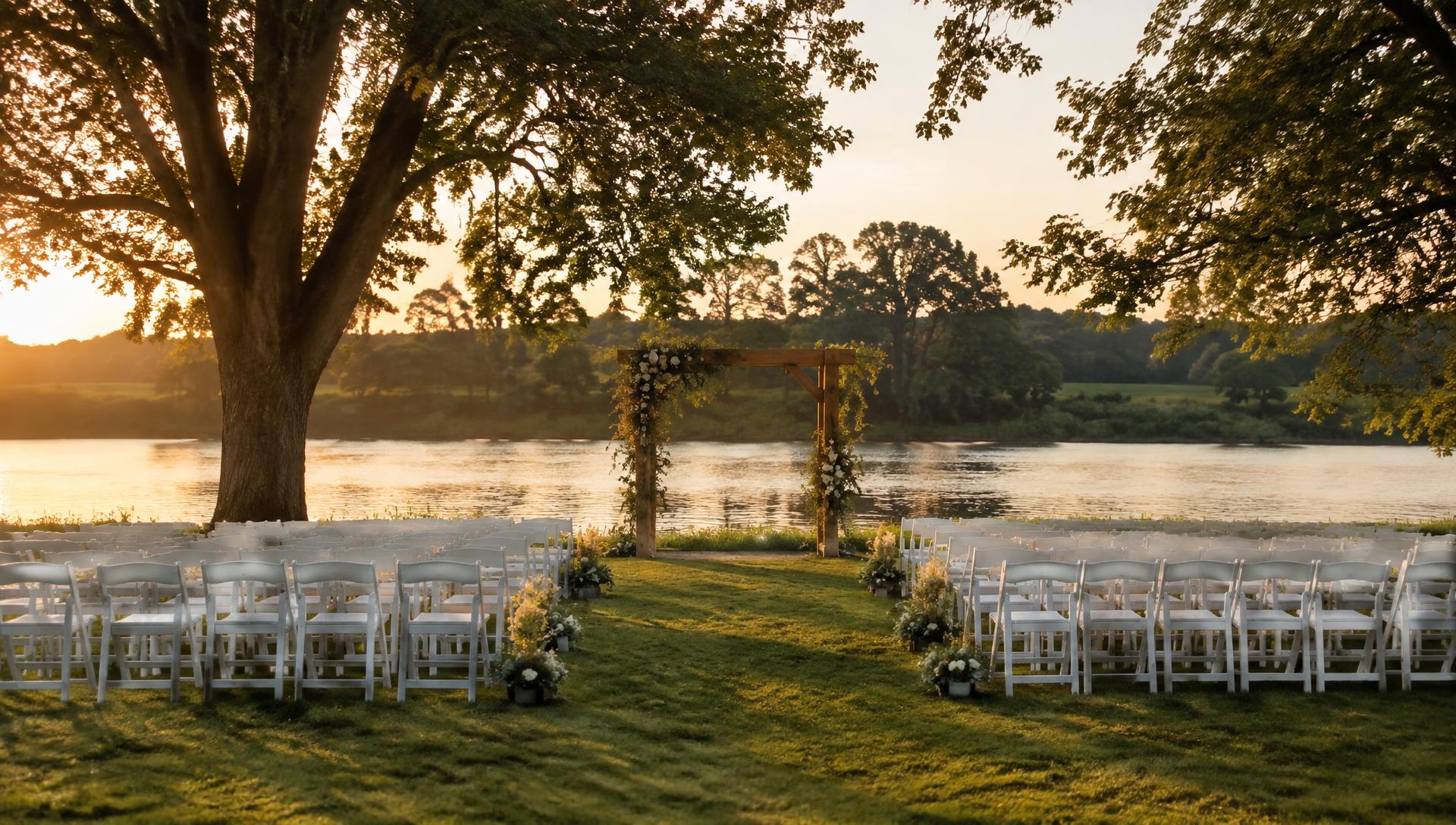 Riverfront wedding ceremony at sunset